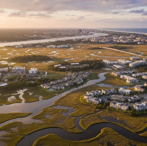 Aerial view of Jacksonville coastal marshes and neighborhoods at golden hour under a glowing warm Florida sunset sky.
